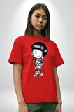 Cedric ve Chen Karakalem  Pamuklu Bisiklet Yaka Kadın Erkek Oversize Boyfriend Dijital Baskılı Kırmızı T-shirt
