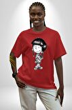 Cedric ve Chen Karakalem  Pamuklu Bisiklet Yaka Kadın Erkek Oversize Boyfriend Dijital Baskılı Kırmızı T-shirt
