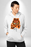 Sinirli Garfield Kadın Erkek  Beyaz Kapüşonlu Sweatshirt Hoodie
