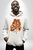 Sinirli Garfield Kadın Erkek  Beyaz Kapüşonlu Sweatshirt Hoodie