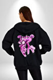 Pembe Panter Kadın Erkek Siyah Kapüşonlu Fermuarlı Baskılı Hırka Sweatshirt