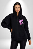 Pembe Panter Kadın Erkek Siyah Kapüşonlu Fermuarlı Baskılı Hırka Sweatshirt