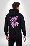Pembe Panter Kadın Erkek Siyah Kapüşonlu Fermuarlı Baskılı Hırka Sweatshirt