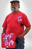 Pembe Panter Kırmızı Büyük Beden Kadın Basic Minimal Baskılı Tişört
