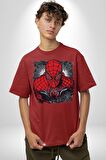Spider Man Pamuklu Bisiklet Yaka Kadın Erkek Oversize Boyfriend Dijital Baskılı Kırmızı T-shirt