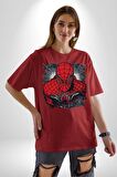 Spider Man Pamuklu Bisiklet Yaka Kadın Erkek Oversize Boyfriend Dijital Baskılı Kırmızı T-shirt