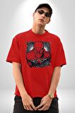 Spider Man Pamuklu Bisiklet Yaka Kadın Erkek Oversize Boyfriend Dijital Baskılı Kırmızı T-shirt