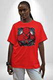 Spider Man Pamuklu Bisiklet Yaka Kadın Erkek Oversize Boyfriend Dijital Baskılı Kırmızı T-shirt