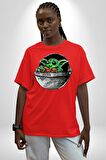 Bebek Yoda Pamuklu Bisiklet Yaka Kadın Erkek Oversize Boyfriend Dijital Baskılı Kırmızı T-shirt