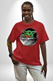 Bebek Yoda Pamuklu Bisiklet Yaka Kadın Erkek Oversize Boyfriend Dijital Baskılı Kırmızı T-shirt