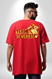 Yerine Sevemem Aslan Sarı  Kırmızı  Kırmızı Oversize Kadın Erkek Ön ve Sırt Baskılı Tişört