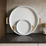 2'li (51 - 26 CM) Ahşap Kulplu Metal Tepsi Çay Tepsisi Kahve Tepsisi Sunum Tepsi Seti