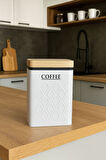 Ahşap Görünümlü Metal Kapaklı 1 Adet Gofreli Beyaz Kahve Saklama Kutusu & Kavanoz 17*11*8 cm