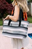 Tote Bag Siyah & Beyaz Çizgili Şeffaf XL Plaj Çantası