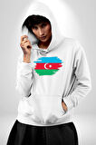 Azerbeycan Bayrağı Kadın Erkek  Beyaz Kapüşonlu Sweatshirt Hoodie