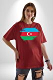 Azerbeycan Bayrağı Pamuklu Bisiklet Yaka Kadın Erkek Oversize Boyfriend Dijital Baskılı Kırmızı T-shirt