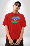 Azerbeycan Bayrağı Pamuklu Bisiklet Yaka Kadın Erkek Oversize Boyfriend Dijital Baskılı Kırmızı T-shirt