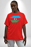 Azerbeycan Bayrağı Pamuklu Bisiklet Yaka Kadın Erkek Oversize Boyfriend Dijital Baskılı Kırmızı T-shirt