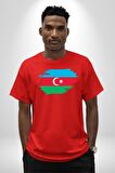 Azerbeycan Bayrağı Pamuklu Bisiklet Yaka Kadın Erkek Oversize Boyfriend Dijital Baskılı Kırmızı T-shirt