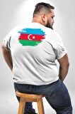 Azerbeycan Bayrağı Büyük Beden Beyaz Tişört Kadın Erkek Ünisex Sırt Baskılı