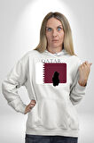Katar Bayrağı Kadın Erkek  Beyaz Kapüşonlu Sweatshirt Hoodie