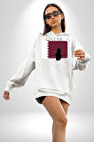 Katar Bayrağı Kadın Erkek  Beyaz Kapüşonlu Sweatshirt Hoodie