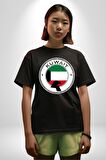 Kuveyt Bayrağı Pamuklu Bisiklet Yaka Kadın Erkek Oversize Boyfriend Dijital Baskılı Siyah T-shirt