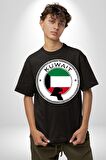 Kuveyt Bayrağı Pamuklu Bisiklet Yaka Kadın Erkek Oversize Boyfriend Dijital Baskılı Siyah T-shirt