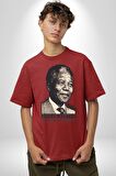 Nelson Mandela Pamuklu Bisiklet Yaka Kadın Erkek Oversize Boyfriend Dijital Baskılı Kırmızı T-shirt