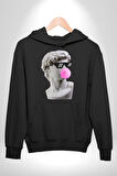 Gözlüklü David'in Kafasının Alçı Heykeli Kadın Erkek  Siyah Kapüşonlu Sweatshirt Hoodie