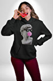 Gözlüklü David'in Kafasının Alçı Heykeli Kadın Erkek  Siyah Kapüşonlu Sweatshirt Hoodie