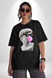 Gözlüklü David'in Kafasının Alçı Heykeli Pamuklu Bisiklet Yaka Kadın Erkek Oversize Boyfriend Dijital Baskılı Siyah T-shirt