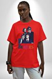 The Beatles Pamuklu Bisiklet Yaka Kadın Erkek Oversize Boyfriend Dijital Baskılı Kırmızı T-shirt