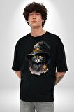 Cadı Şapkalı Kedi Siyah Pamuklu Bisiklet Yaka Kadın Erkek Oversize Boyfriend Dijital Baskılı Siyah T-shirt