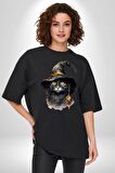 Cadı Şapkalı Kedi Siyah Pamuklu Bisiklet Yaka Kadın Erkek Oversize Boyfriend Dijital Baskılı Siyah T-shirt