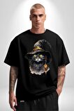 Cadı Şapkalı Kedi Siyah Pamuklu Bisiklet Yaka Kadın Erkek Oversize Boyfriend Dijital Baskılı Siyah T-shirt