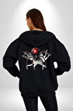 Siyah Örümcek Kadın Erkek Siyah Kapüşonlu Fermuarlı Baskılı Hırka Sweatshirt