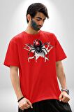 Siyah Örümcek Pamuklu Bisiklet Yaka Kadın Erkek Oversize Boyfriend Dijital Baskılı Kırmızı T-shirt