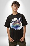 Harry Potter Hogwarts Ucan Araba Pamuklu Bisiklet Yaka Kadın Erkek Oversize Boyfriend Dijital Baskılı Siyah T-shirt