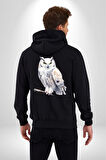 Beyaz Baykuş Harry Potter Posta  Kadın Erkek Siyah Kapüşonlu Fermuarlı Baskılı Hırka Sweatshirt