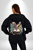 Kitap Baykuş Sihir Kadın Erkek Siyah Kapüşonlu Fermuarlı Baskılı Hırka Sweatshirt
