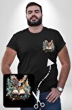 Kitap Baykuş Sihir Siyah Büyük Beden Kadın Basic Minimal Baskılı Tişört