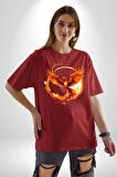 Anka Kuşu  Pamuklu Bisiklet Yaka Kadın Erkek Oversize Boyfriend Dijital Baskılı Kırmızı T-shirt