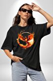 Anka Kuşu  Pamuklu Bisiklet Yaka Kadın Erkek Oversize Boyfriend Dijital Baskılı Siyah T-shirt