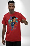 Ja Morant Basketbol  Pamuklu Bisiklet Yaka Kadın Erkek Oversize Boyfriend Dijital Baskılı Kırmızı T-shirt