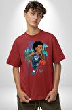 Ja Morant Basketbol  Pamuklu Bisiklet Yaka Kadın Erkek Oversize Boyfriend Dijital Baskılı Kırmızı T-shirt