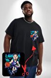 LaMelo Ball Basketbol Karikatür Siyah Büyük Beden Kadın Basic Minimal Baskılı Tişört