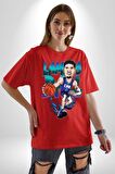 LaMelo Ball Basketbol Karikatür Pamuklu Bisiklet Yaka Kadın Erkek Oversize Boyfriend Dijital Baskılı Kırmızı T-shirt