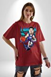 LaMelo Ball Basketbol Karikatür Pamuklu Bisiklet Yaka Kadın Erkek Oversize Boyfriend Dijital Baskılı Kırmızı T-shirt