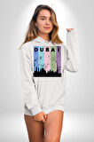 Dubai Şehir Silüeti Renkli Şehir Kadın Erkek  Beyaz Kapüşonlu Sweatshirt Hoodie